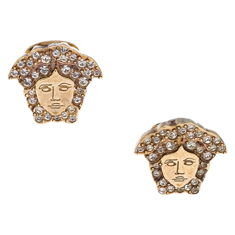 Pre Owned Versace Medusa Crystal Studded Gold Tone Clip-on Stud Earrings 