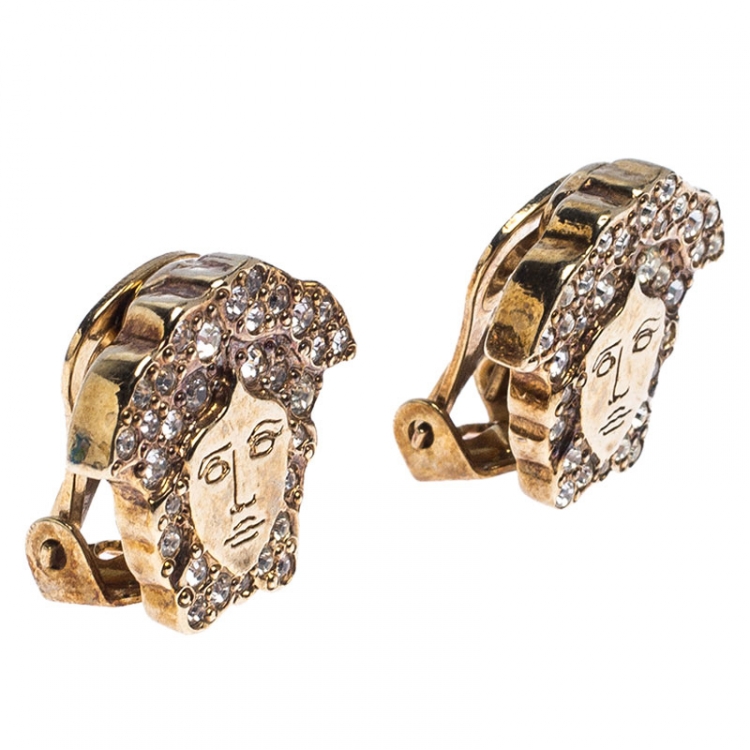 Pre Owned Versace Medusa Crystal Studded Gold Tone Clip-on Stud Earrings 