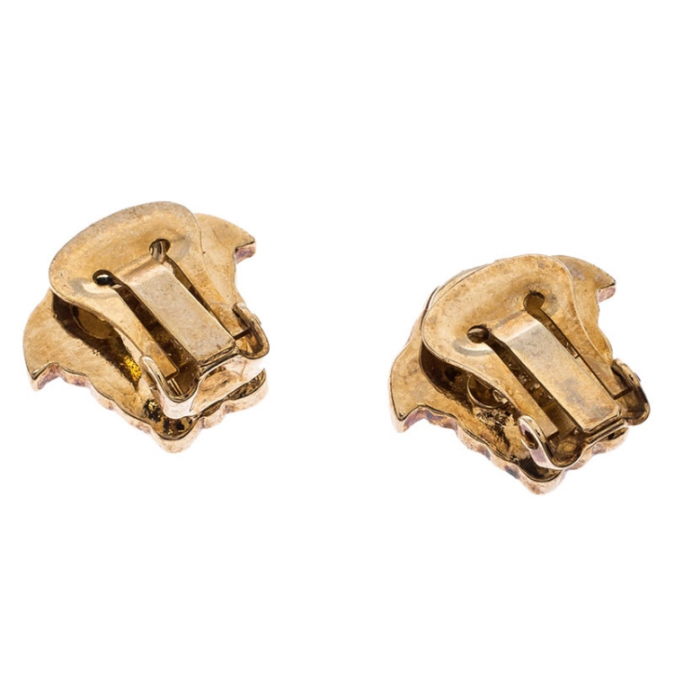 Pre Owned Versace Medusa Crystal Studded Gold Tone Clip-on Stud Earrings 