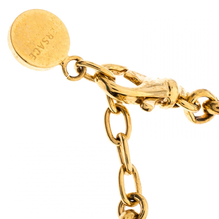 Pre Owned Versace Gold Tone Crystal Medusa Medallion Greca Chain Bracelet