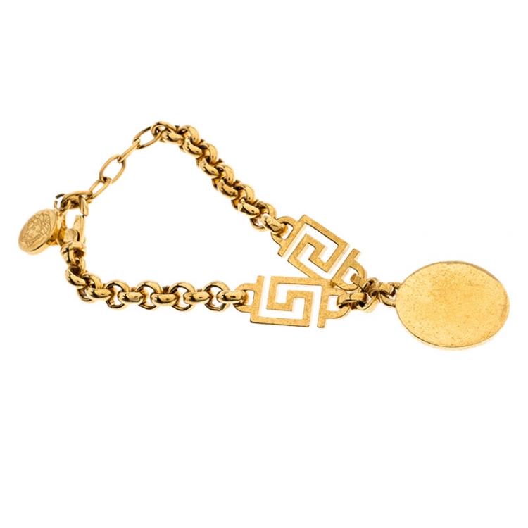 Pre Owned Versace Gold Tone Crystal Medusa Medallion Greca Chain Bracelet