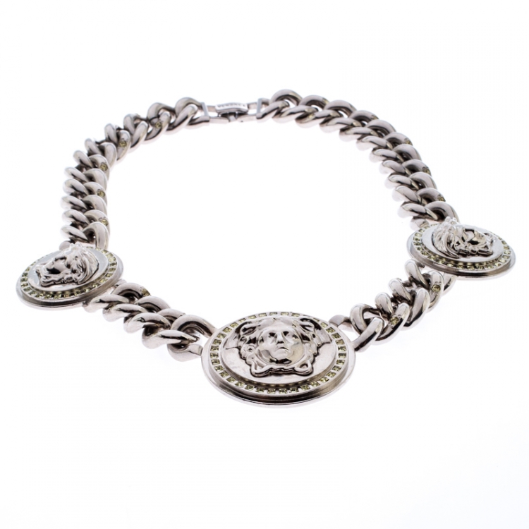 Versace Iconic Medusa Medallion Crystal Silver Tone Chain Link 
