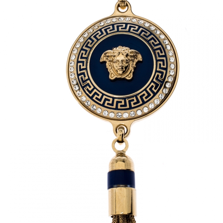 Pre Owned Versace Medusa Crystal Enamel Tassel Pendant Gold Tone Necklace