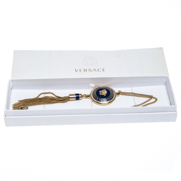 Pre Owned Versace Medusa Crystal Enamel Tassel Pendant Gold Tone Necklace