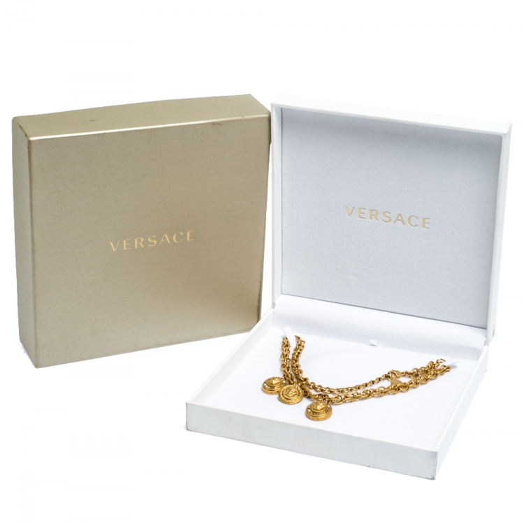 Pre Owned Versace Yellow Gold Tone Crystal Medusa Charm Necklace