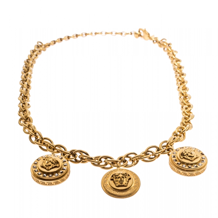 Pre Owned Versace Yellow Gold Tone Crystal Medusa Charm Necklace