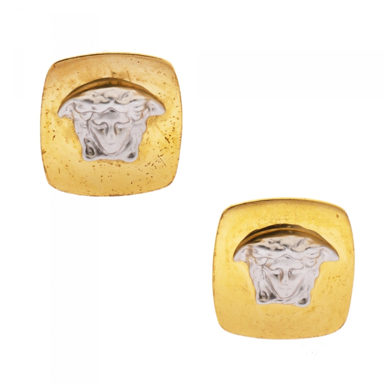 Pre Owned Versace Medusa Two Tone Square Clip-on Stud Earrings