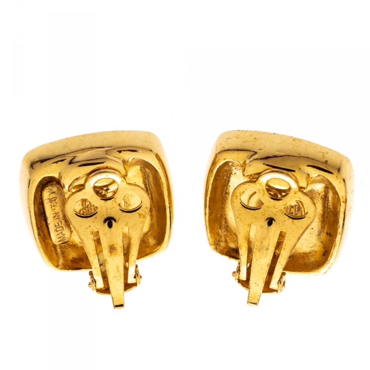 Pre Owned Versace Medusa Two Tone Square Clip-on Stud Earrings