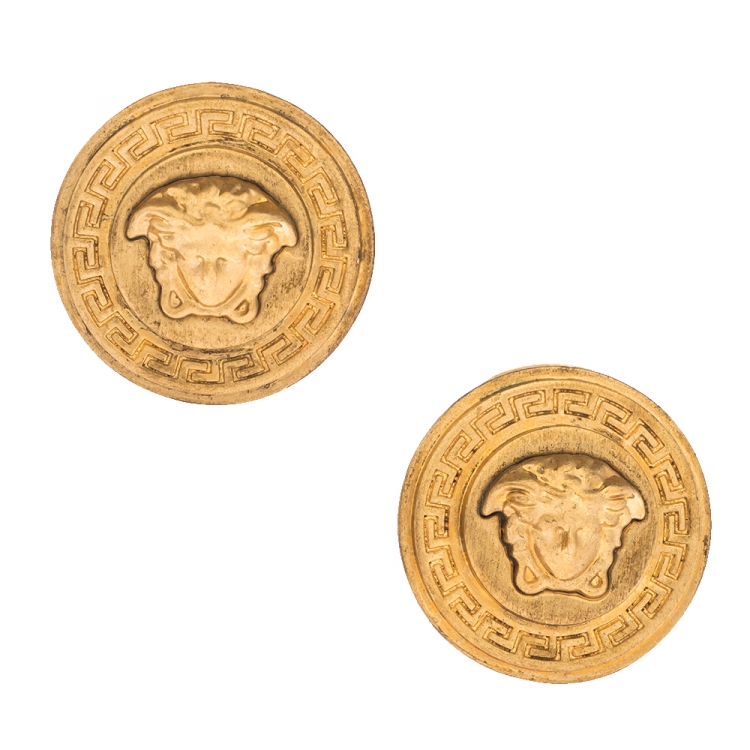 Pre Owned Versace Medusa Gold Tone Round Clip-on Stud Earrings