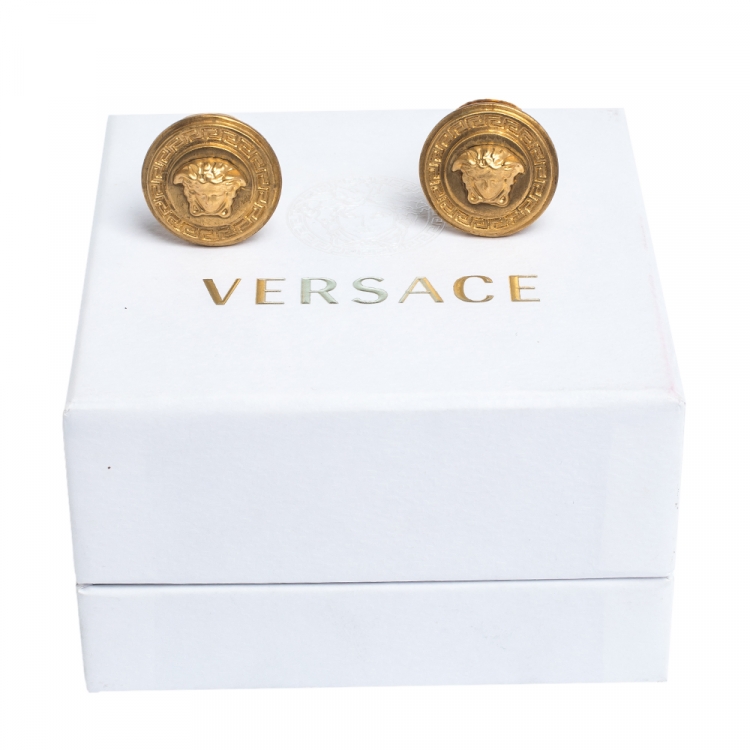 Pre Owned Versace Medusa Gold Tone Round Clip-on Stud Earrings