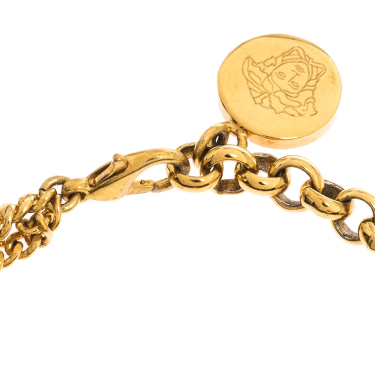 Pre Owned Versace Medusa Enamel Gold Tone Round Charm Chain Bracelet