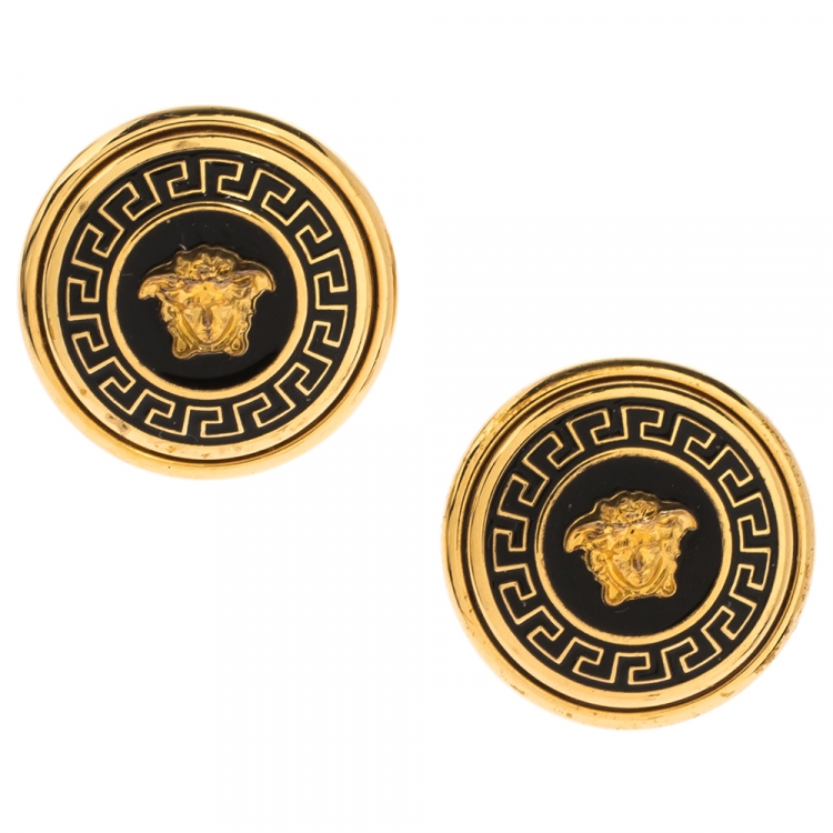 Pre Owned Versace Medusa Black Enamel Gold Tone Round Stud Earrings