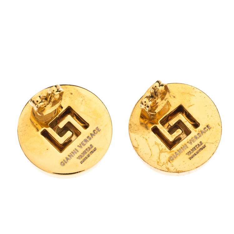 Pre Owned Versace Medusa Black Enamel Gold Tone Round Stud Earrings