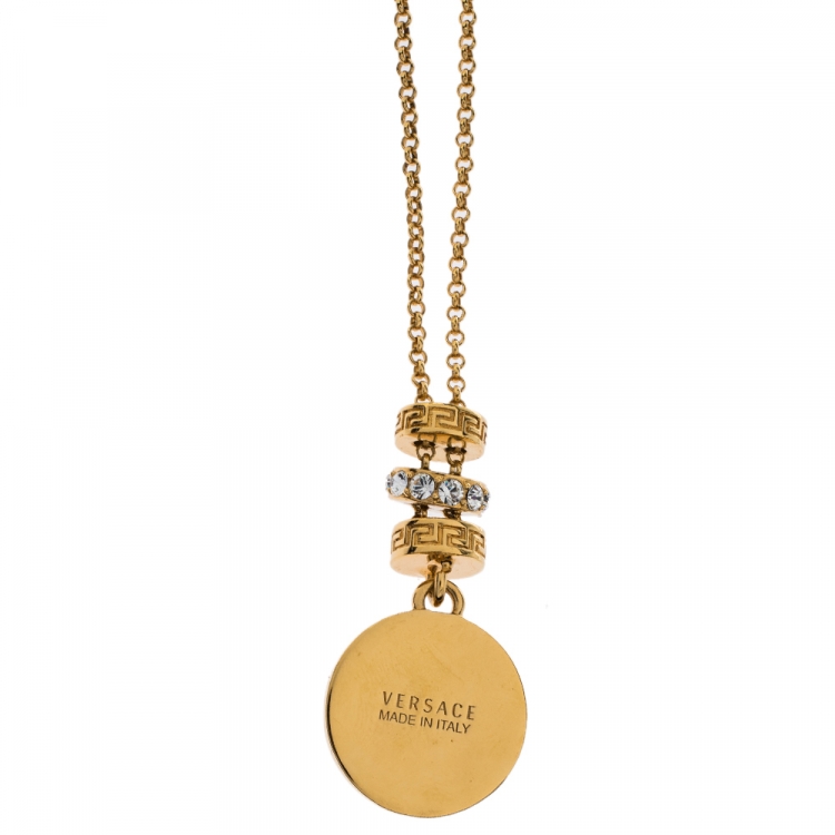Pre Owned Versace Gold Tone Crystal Tiered Medusa Pendant Adjustable Necklace