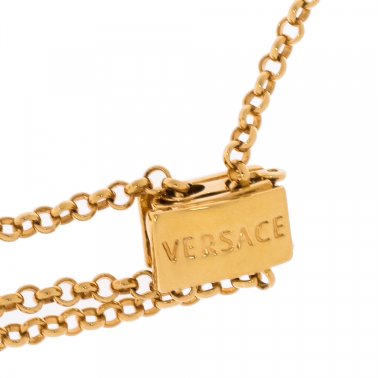 Pre Owned Versace Gold Tone Crystal Tiered Medusa Pendant Adjustable Necklace