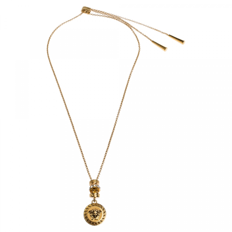 Pre Owned Versace Gold Tone Crystal Tiered Medusa Pendant Adjustable Necklace