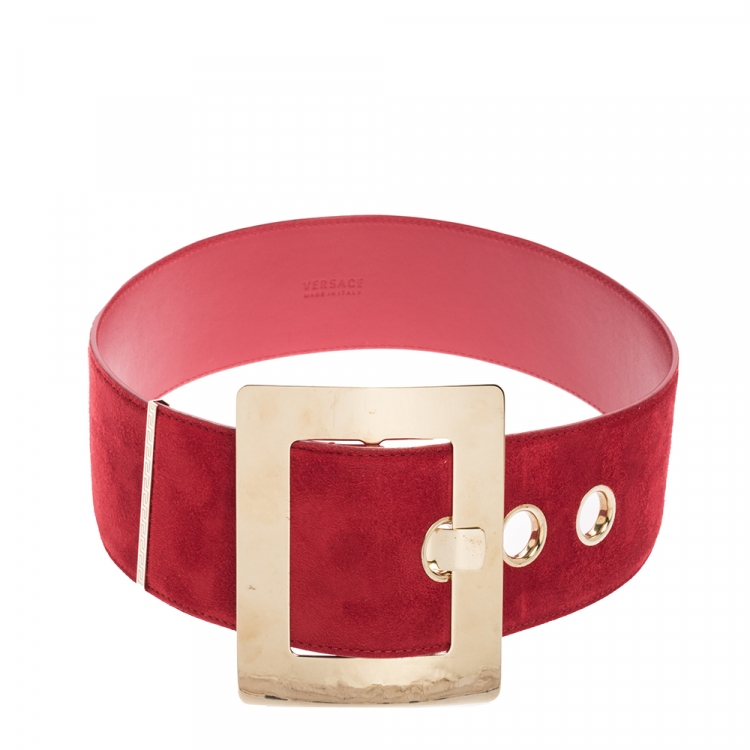 Pre Owned Versace Red Suede Wide Waist Buckle Belt 70CM