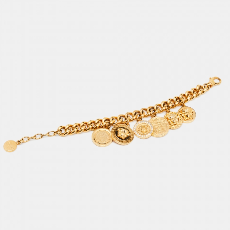 Pre Owned Versace Gold Tone Medusa Multi Charms Bracelet