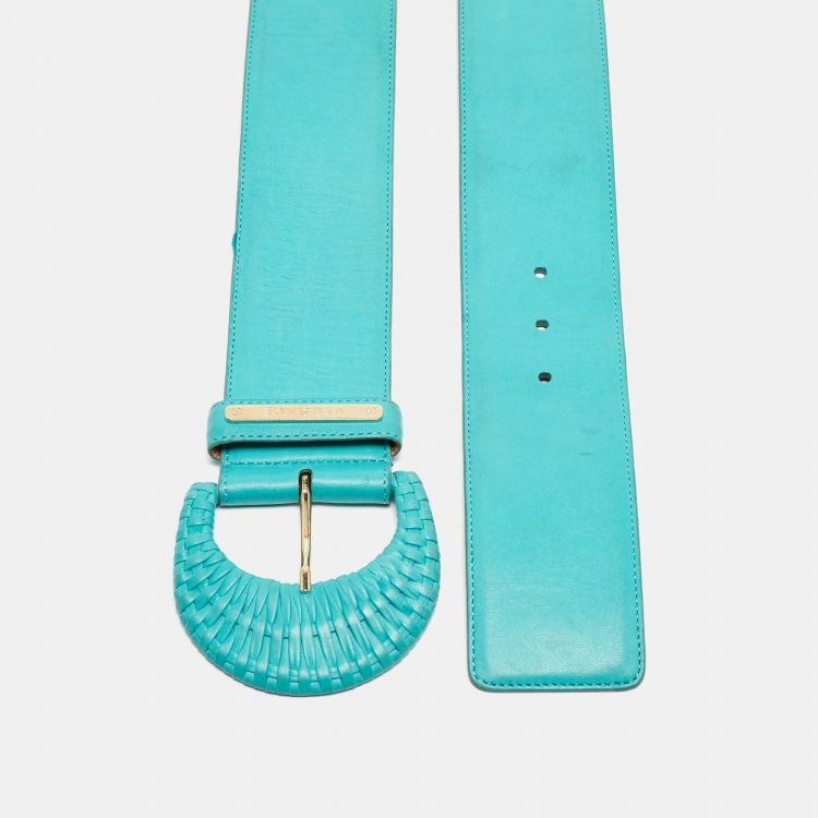 Pre Owned Versace Blue Turquoise Leather and Canvas Woven Buckle Belt 85CM