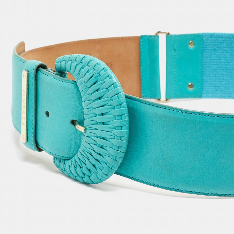 Pre Owned Versace Blue Turquoise Leather and Canvas Woven Buckle Belt 85CM
