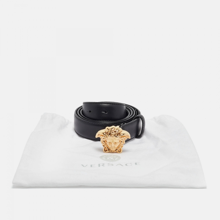Pre Owned Versace Black Leather La Medusa Buckle Belt 105CM