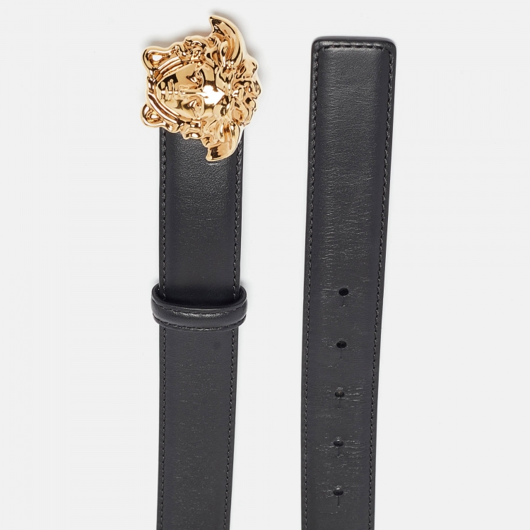 Pre Owned Versace Black Leather La Medusa Buckle Belt 105CM