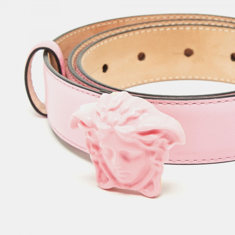 Pre Owned Versace Pink Leather Medusa Head Buckle Belt 85CM