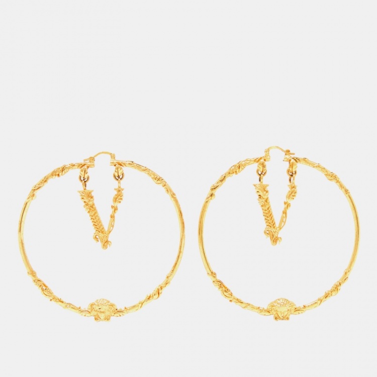 Pre Owned Versace Medusa Gold Tone Hoop Earrings