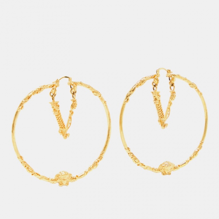 Pre Owned Versace Medusa Gold Tone Hoop Earrings