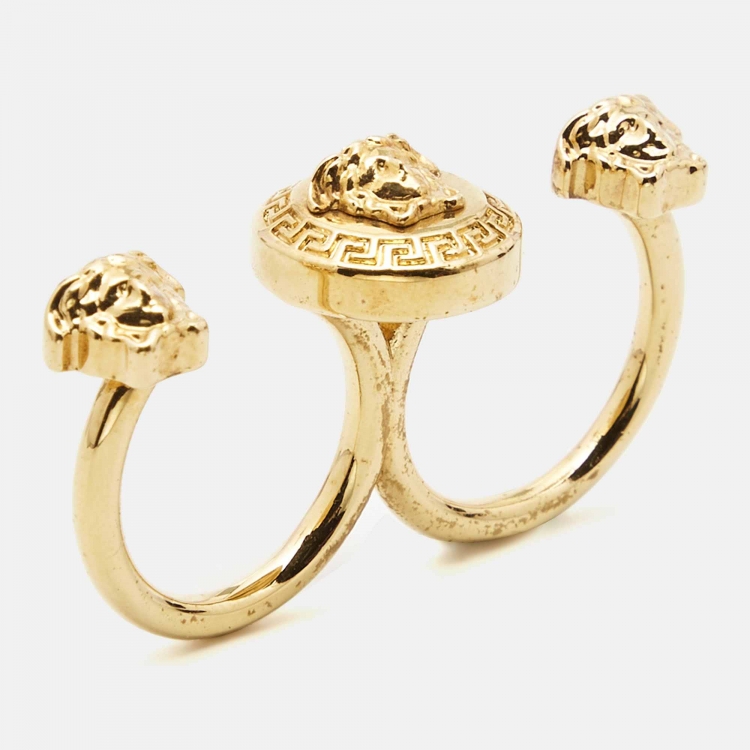 Pre Owned Versace Medusa Double Finger Gold Tone Ring Size 51