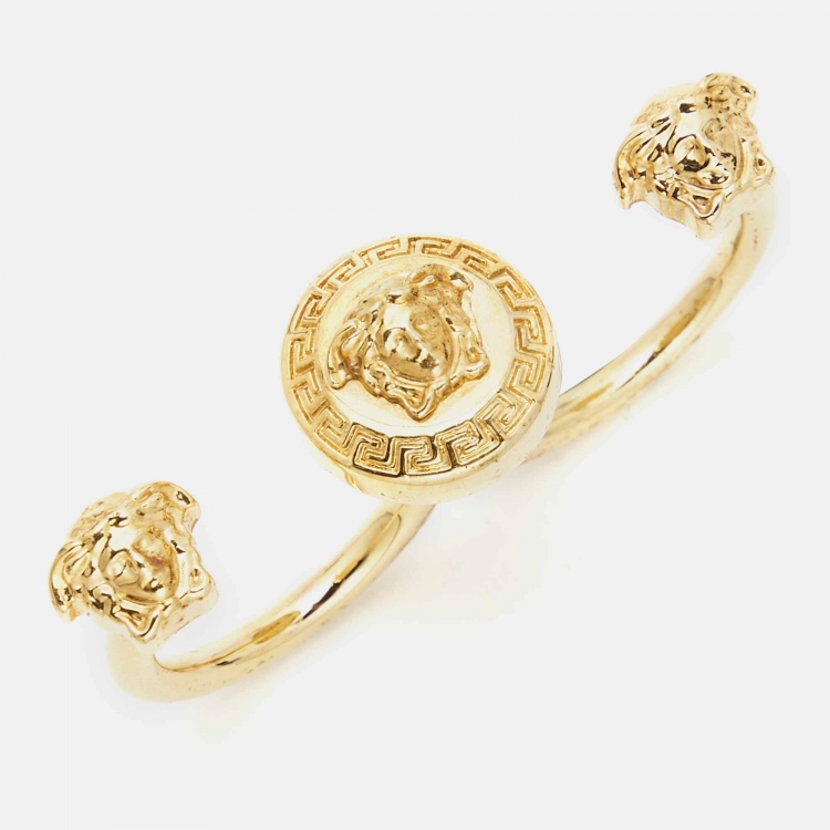 Pre Owned Versace Medusa Double Finger Gold Tone Ring Size 51