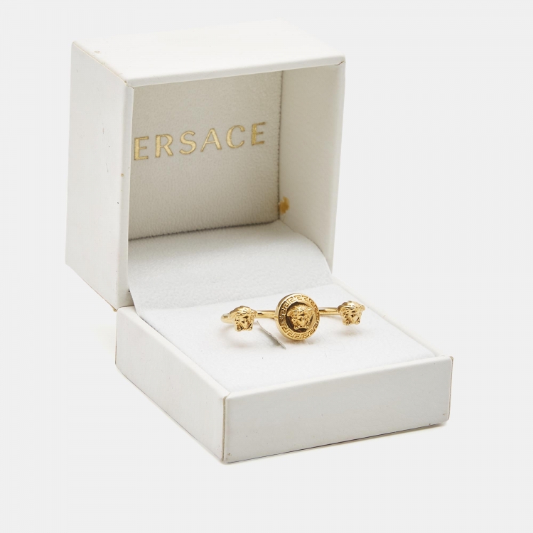 Pre Owned Versace Medusa Double Finger Gold Tone Ring Size 51