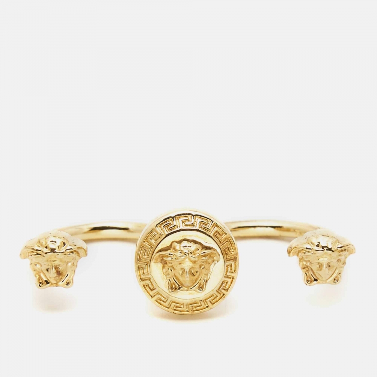 Pre Owned Versace Medusa Double Finger Gold Tone Ring Size 51