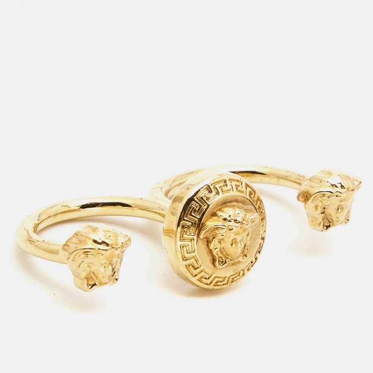 Pre Owned Versace Medusa Double Finger Gold Tone Ring Size 51