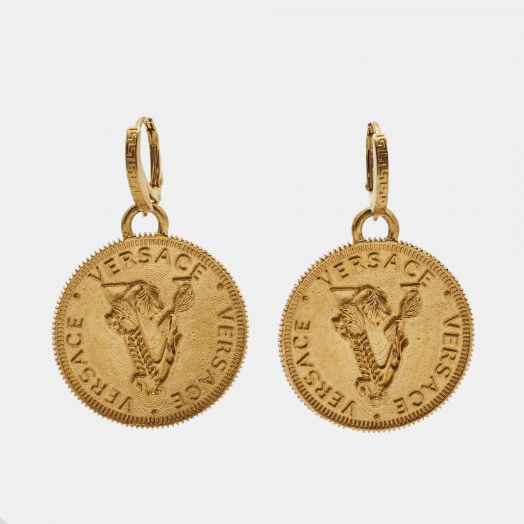 Pre Owned Versace Gold Coin V Gold Tone Earrings