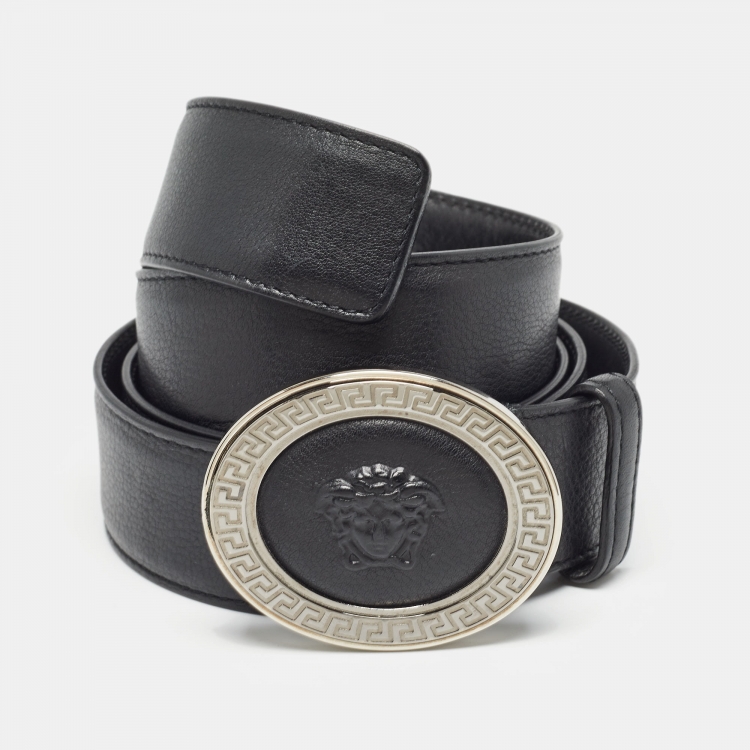 Pre Owned Versace Black Leather Medusa Oval Buckle Belt 110CM