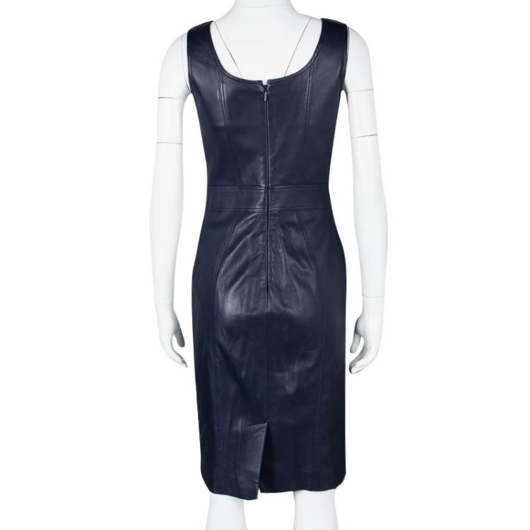 Pre Owned Versace Navy Blue Logo Detail Sleeveless Leather Dress S