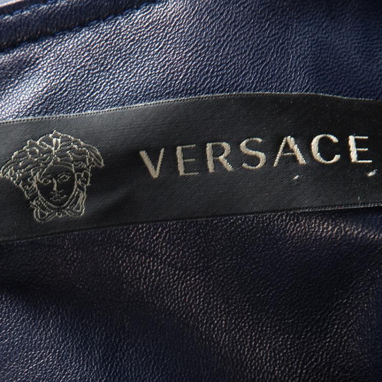 Pre Owned Versace Navy Blue Logo Detail Sleeveless Leather Dress S