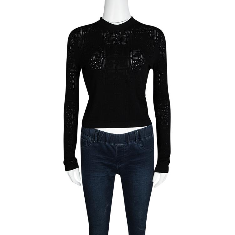 Pre Owned Versace Black Greco Perforated Knit Long Sleeve Crop Top M