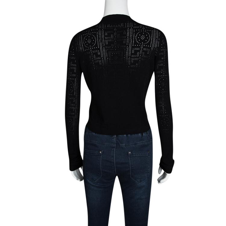 Pre Owned Versace Black Greco Perforated Knit Long Sleeve Crop Top M