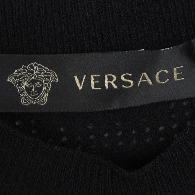 Pre Owned Versace Black Greco Perforated Knit Long Sleeve Crop Top M
