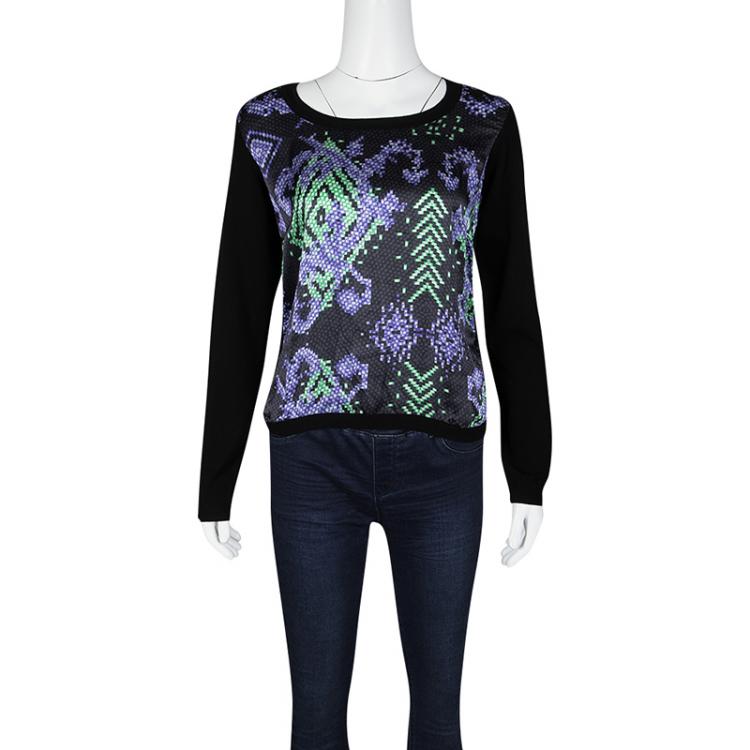 Pre Owned Versace Collection Black Knit Printed Silk Panel Detail Long Sleeve Top M