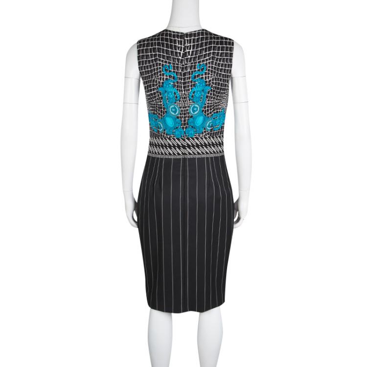 Pre Owned Versace Black and Blue Medusa Print Pinstriped Sleeveless Dress M