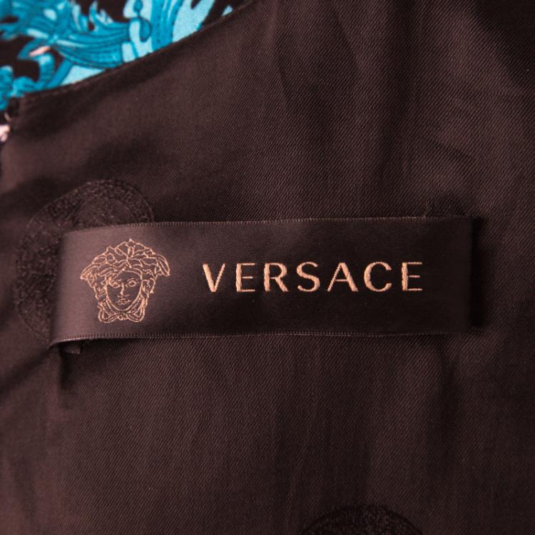 Pre Owned Versace Black and Blue Medusa Print Pinstriped Sleeveless Dress M
