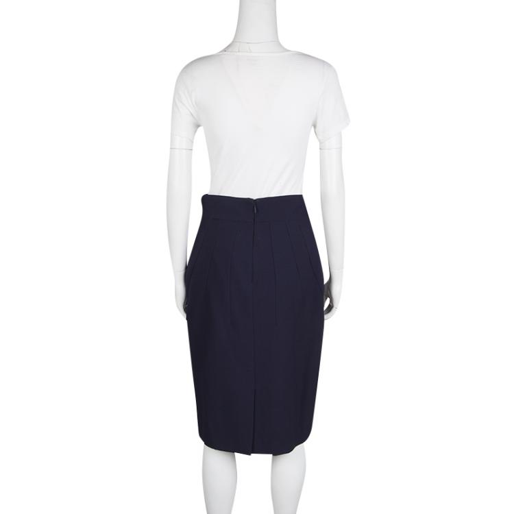 Pre Owned Versace Navy Blue Wool Medusa Leather Patch Detail Pencil Skirt M