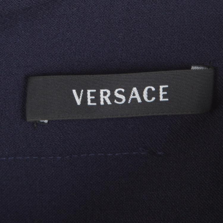 Pre Owned Versace Navy Blue Wool Medusa Leather Patch Detail Pencil Skirt M