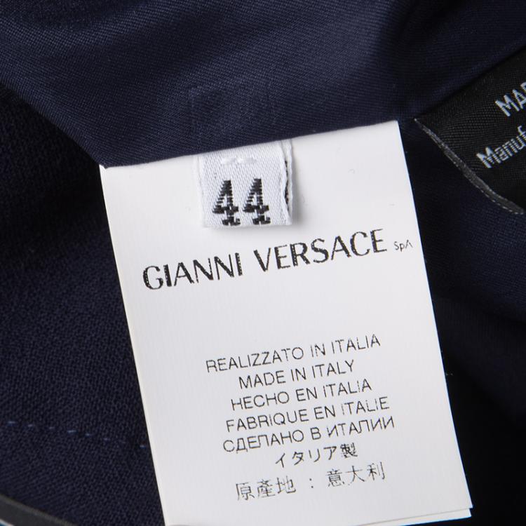 Pre Owned Versace Navy Blue Wool Medusa Leather Patch Detail Pencil Skirt M