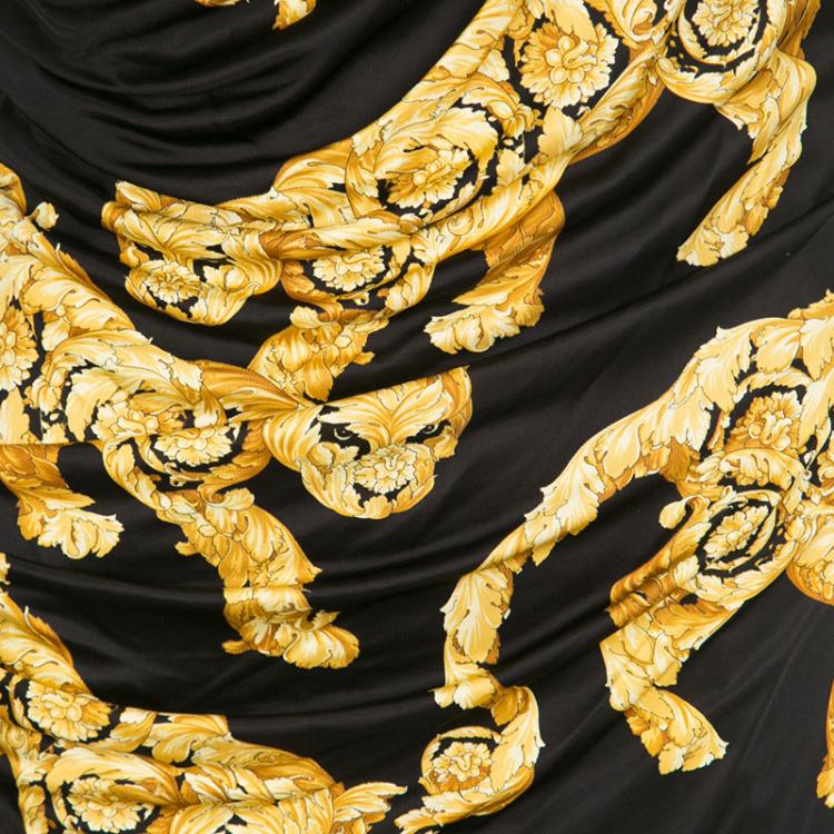 Pre Owned Versace Collection Black and Gold Cat Print Sleeveless Draped Dress M