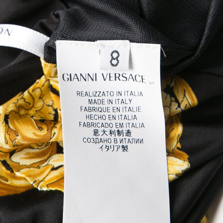 Pre Owned Versace Collection Black and Gold Cat Print Sleeveless Draped Dress M