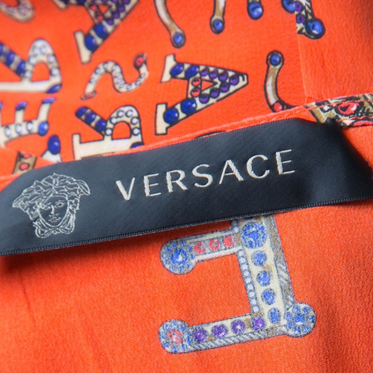 Pre Owned Versace Orange Logo Alphabet Printed Silk Long Sleeve Shift Dress M 